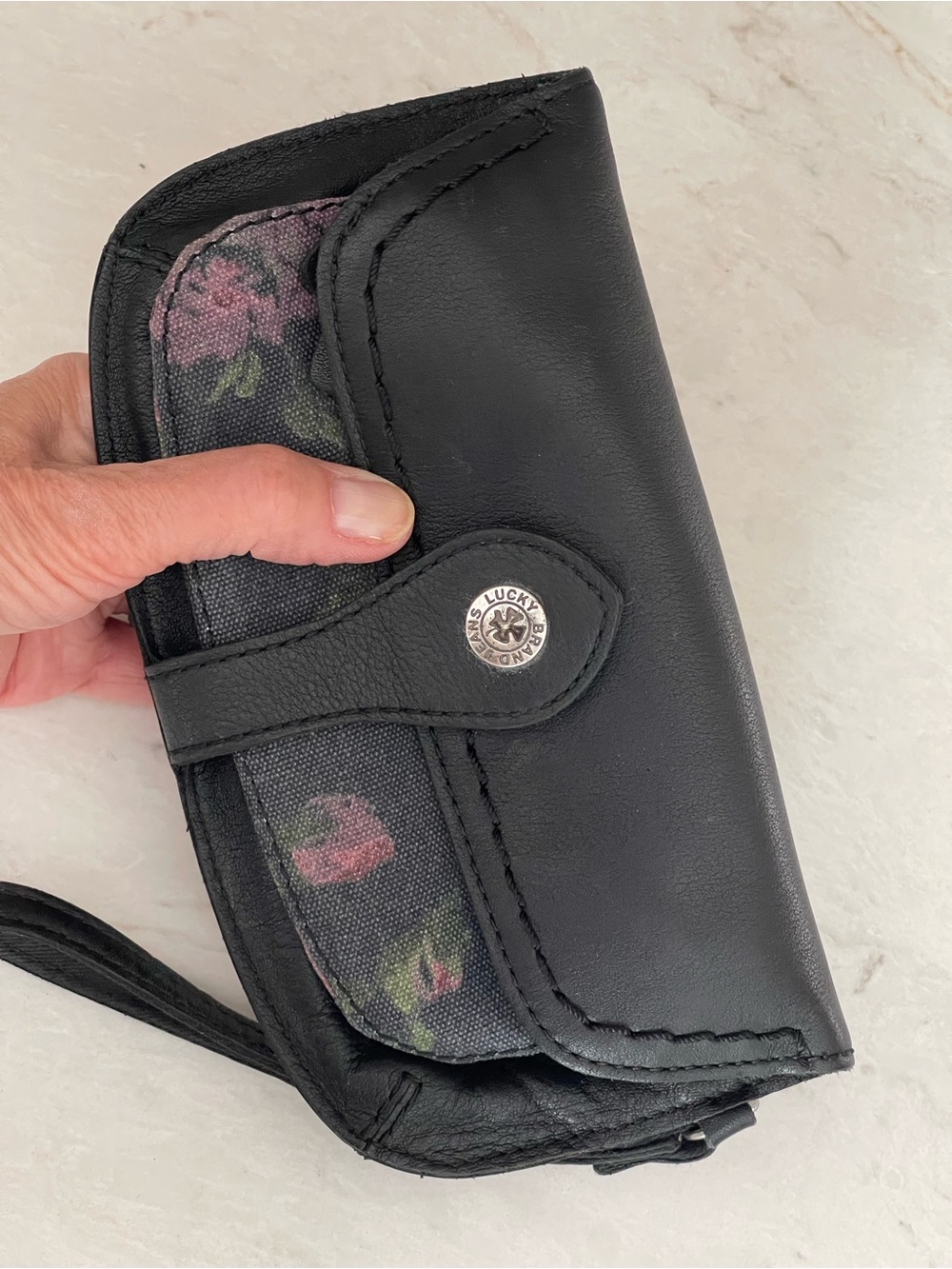 Lucky Brand Black Leather Wristlet with Pink & Green Floral Canvas Accents, EUC